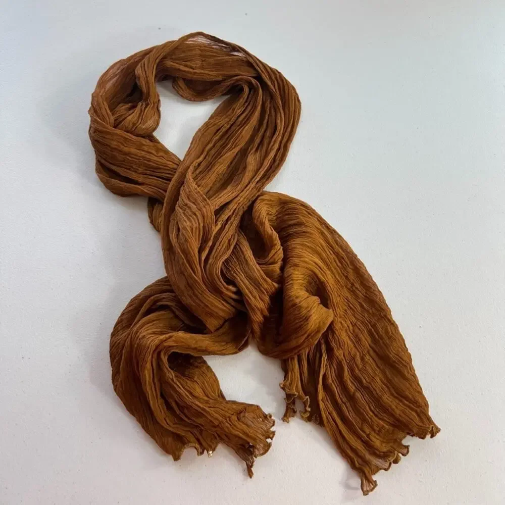Unbranded Women's Silk Scarf Camel/Gold Sheer Ruffle Rectangle 15
